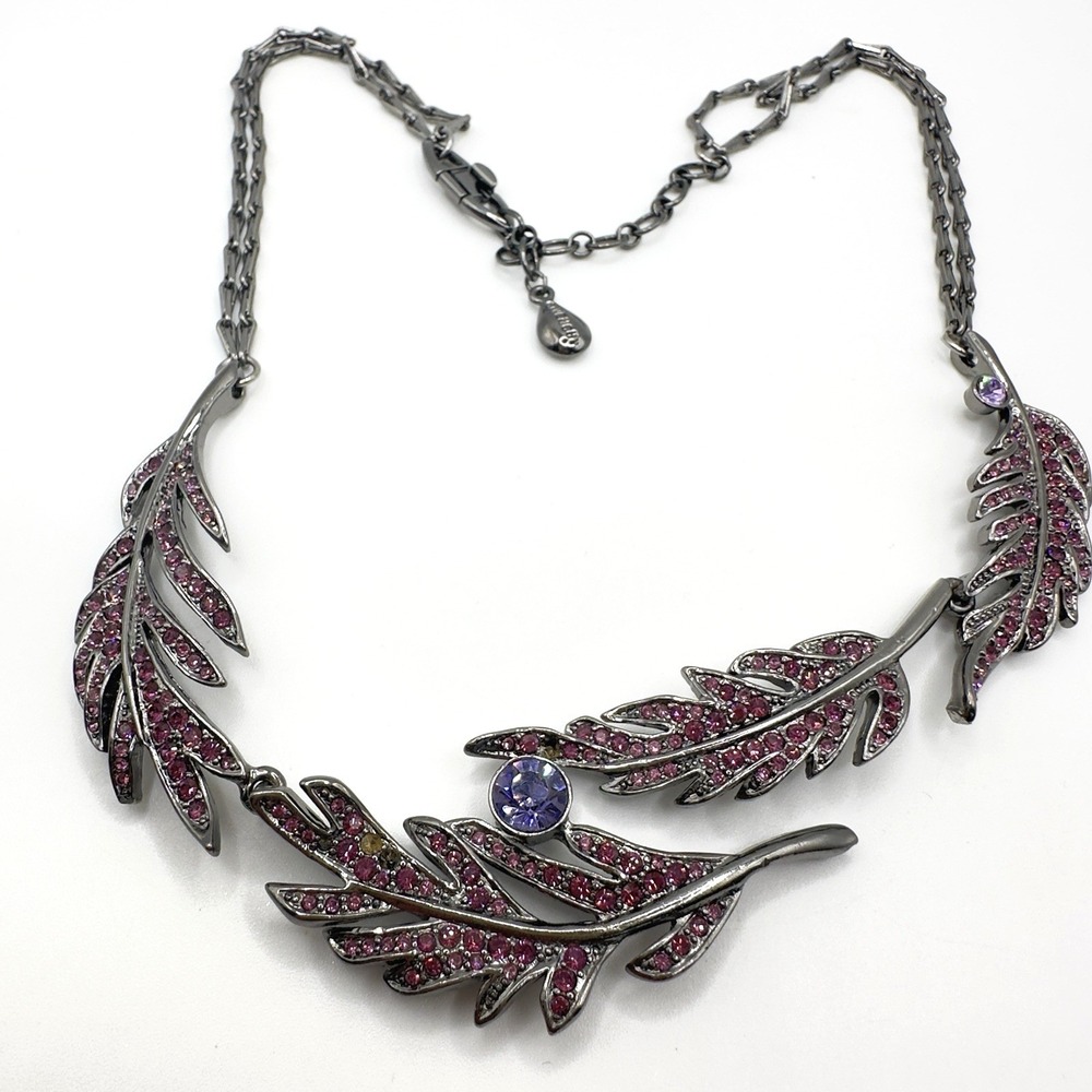 Givenchy Necklace Purple Rhinestone Leaf Bib Gunmetal Tone Statement 15" - 17" - Picture 2 of 16